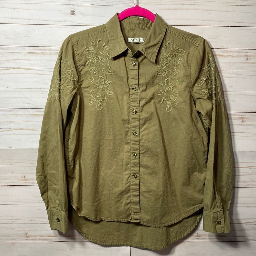 Orvis Embroidered High Low Green Button Down Shirt